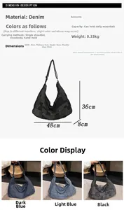 Detailed size specifications for denim tote bag showing dimensions and color options