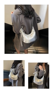 Silver crescent shoulder bag for women, trendy PU leather crossbody purse with pearl ribbon.