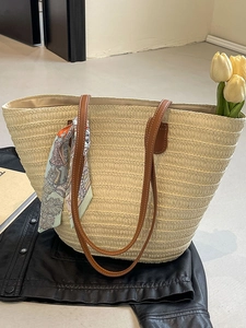 Large Capacity Straw Woven Tote Bag With Scarf Decoration Hollow Out Beach Vacation Shoulder Bag Hand-woven Handbag