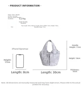 Detailed size guide for the embroidered bucket bag with dimensions and phone comparison