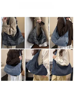 Collage of large hobo bags in grey plaid, blue denim and corduroy shown on a model