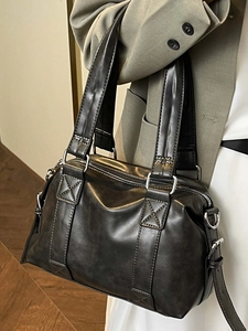 Retro black leather tote bag with large capacity and stylish Boston pillow shape design