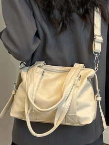 Chic cream white PU leather tote bag with adjustable wide strap and metallic zipper