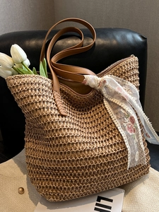 Borsa Totale in Paglia Intrecciata da Donna Grande Capacità Con Nastro in Pizzo Ricamato Floreale Borsa a Spalla Casual da Spiaggia