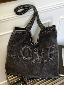 Retro Washed Denim Tote Bag For Women Large Capacity Frayed Edge Letter Embroidered Shoulder Bag Casual Trendy Travel Work Handbag