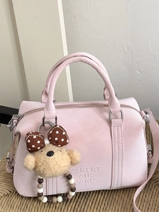 Vintage Large Capacity PU Leather Boston Bag For Women Simple Fashion Embossed Letter Handbag With Plush Bear Pendant Crossbody Shoulder Bag