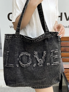 Retro washed grey denim tote bag with frayed LOVE embroidery and large capacity