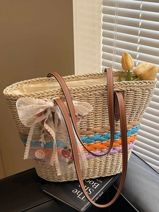 Handmade Straw Woven Tote Bag For Women Large Capacity Beach Vacation Shoulder Bag With Lace Bow Floral Embroidery