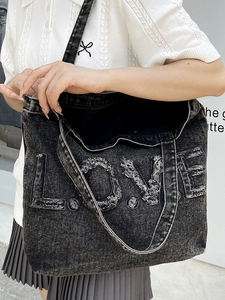 Vintage frayed edge washed denim tote bag with LOVE embroidery and large capacity
