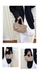 Detail of hand-made beige woven knit handbag featuring thick crochet texture and round charm