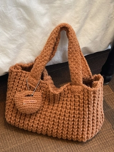 Handmade Knitted Shoulder Bag For Women Retro Crochet Handbag With Heart Charm Waffle Texture Casual Underarm Tote Bag
