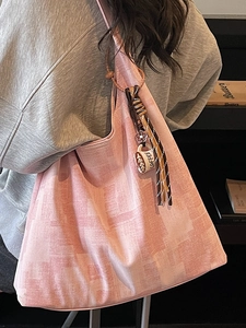 Pink checkered hobo shoulder bag for women featuring a coffee cup charm and large capacity