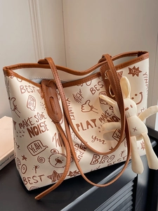 Women Large Capacity PU Leather Tote Bag Graffiti Printed Shoulder Bag With Rabbit Plush Pendant Fashion Casual Handbag