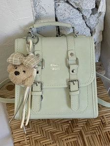 Fashion Women Mini Backpack PU Leather Flap Small Square Bag With Plush Bear Charm College Style Shoulder Crossbody Bag