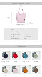 Detailed chart showing lightweight tote bag dimensions and eight available color options