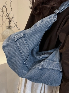 Blue corduroy shoulder bag for women, spacious tote design for casual fashion