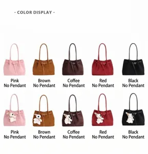 Color display of vintage tote bags in matte suede with bear charms and adjustable straps