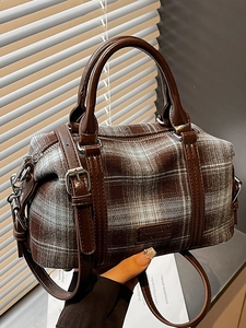 Vintage Plaid Boston Handbag Women 2026 Spring Fashion Simple Casual Shoulder Crossbody Bag Adjustable Strap Canvas PU