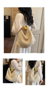 Detail of hand-woven crochet tote bag with dark brown wooden bead shoulder strap