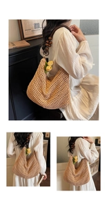 Detail of hand-woven hobo bag with unique dark brown wooden bead shoulder strap