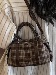 Vintage brown plaid Boston bag with top handles and detachable strap for women