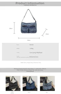 Detailed view of denim crossbody bag dimensions 35x24x13cm and three color options