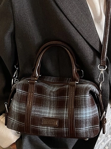 Vintage plaid Boston handbag in brown wool and glossy leather with shoulder strap