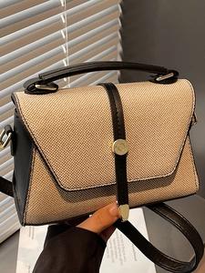 Sac à Épaule Patchwork de Mode pour Femmes Sac à Main en Tissu à Texture Tissée Avec Serrure en Métal Couleur de Contraste