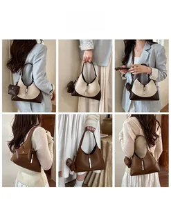 Detail shots showing retro hobo bag styling with a mini wallet and shoulder carry options