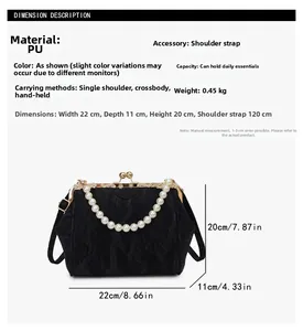 Detailed dimensions of a black pleated shell bag with pearl handle and golden hardware clasp