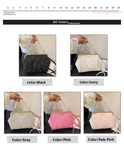 Detail of shell-shaped pearl handle bags in black, white, gray, rose, and pink finishes