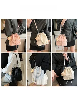 Collage of model wearing drawstring bucket bags in pink, beige, black, and light blue
