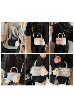 Collage of chic crossbody small square bags in various colors with cute plush sheep charm