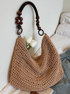 Handmade Woven Straw Tote Bag With Wooden Bead Strap Large Capacity Bohemian Crochet Shoulder Bag For Beach Vacation Women
