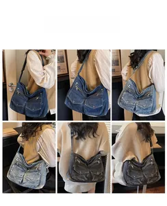 Collage of model wearing vintage denim tote bag in dark blue, light blue, and black grey