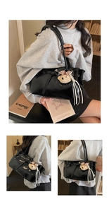 Three-angle view of a shiny black faux leather tote bag with plush bear and fringe detail