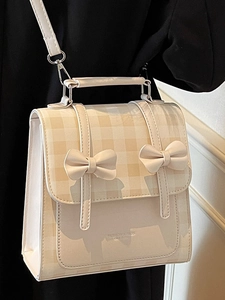 Elegant beige plaid bow shoulder bag with top handle for a stylish academy look