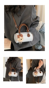 Multiple views of a white pillow bag showing hand-carry and shoulder-strap styling