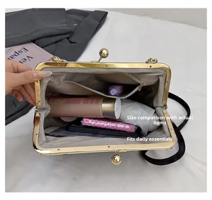 Detail view of champagne gold frame handbag interior storage and marble pattern texture