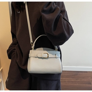 Détail d'un sac à main en cuir gris clair avec grain de galet et boucle dorée chic