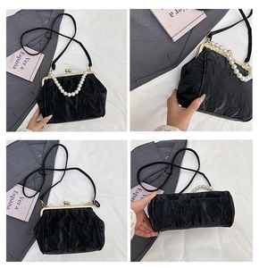 Detailed four-angle views of a black pleated shell bag with pearl handle and metal clasp