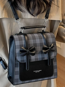 Vintage plaid backpack with black bows and adjustable straps for women school style