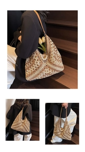 Detail of woven straw tote bag with faux pearl decoration and metal chain strap