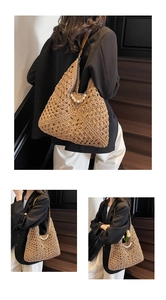 Detailed view of handmade woven straw tote with pearl chain and leather strap
