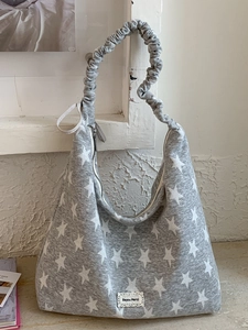 Women Casual Canvas Tote Underarm Bag With Pleated Shoulder Strap Ruffle Edge Floral Dot Star Printed Sweet Hobo Shoulder Bag