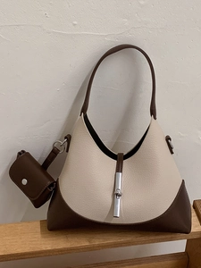 Women Hobo Shoulder Bag PU Leather Lychee Grain Retro Minimalist Contrast Color Crossbody Bag With Mini Pouch Clasp For Daily