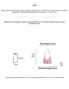 Size chart showing pink PU shoulder bag dimensions 27x21x9cm and phone comparison