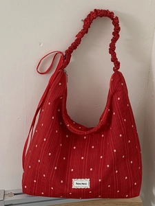 Red floral chiffon tote bag with ruffle strap and sweet vintage aesthetic for women