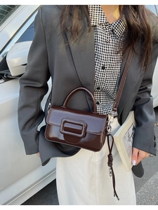 Detail of a dark brown glossy leather mini crossbody bag with square buckle and round handle
