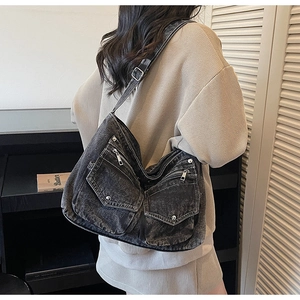 Retro washed black denim tote bag with multi-pockets and adjustable strap for women